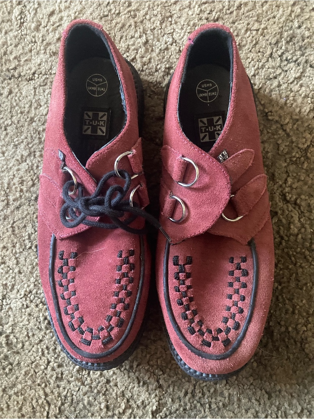 T.U.K Red Suede Creeper Loafers with Ring Detail